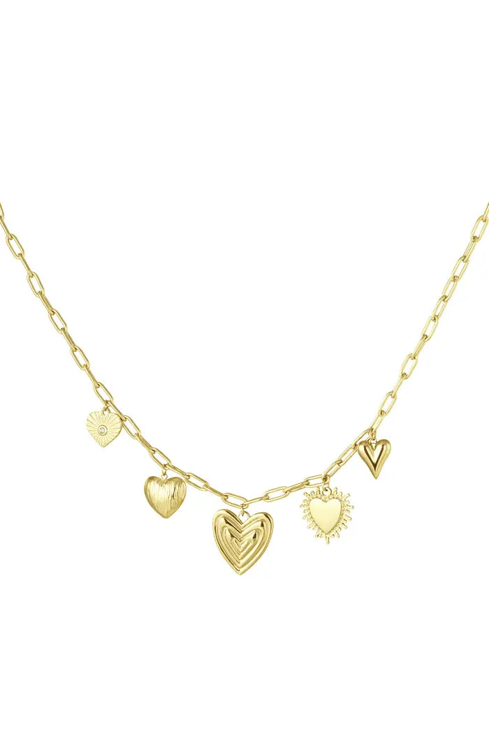 Bedelketting Goud 'Hearts for the Win' in goud en zilver, met delicate hartvormige hangers aan een fijne schakelketting