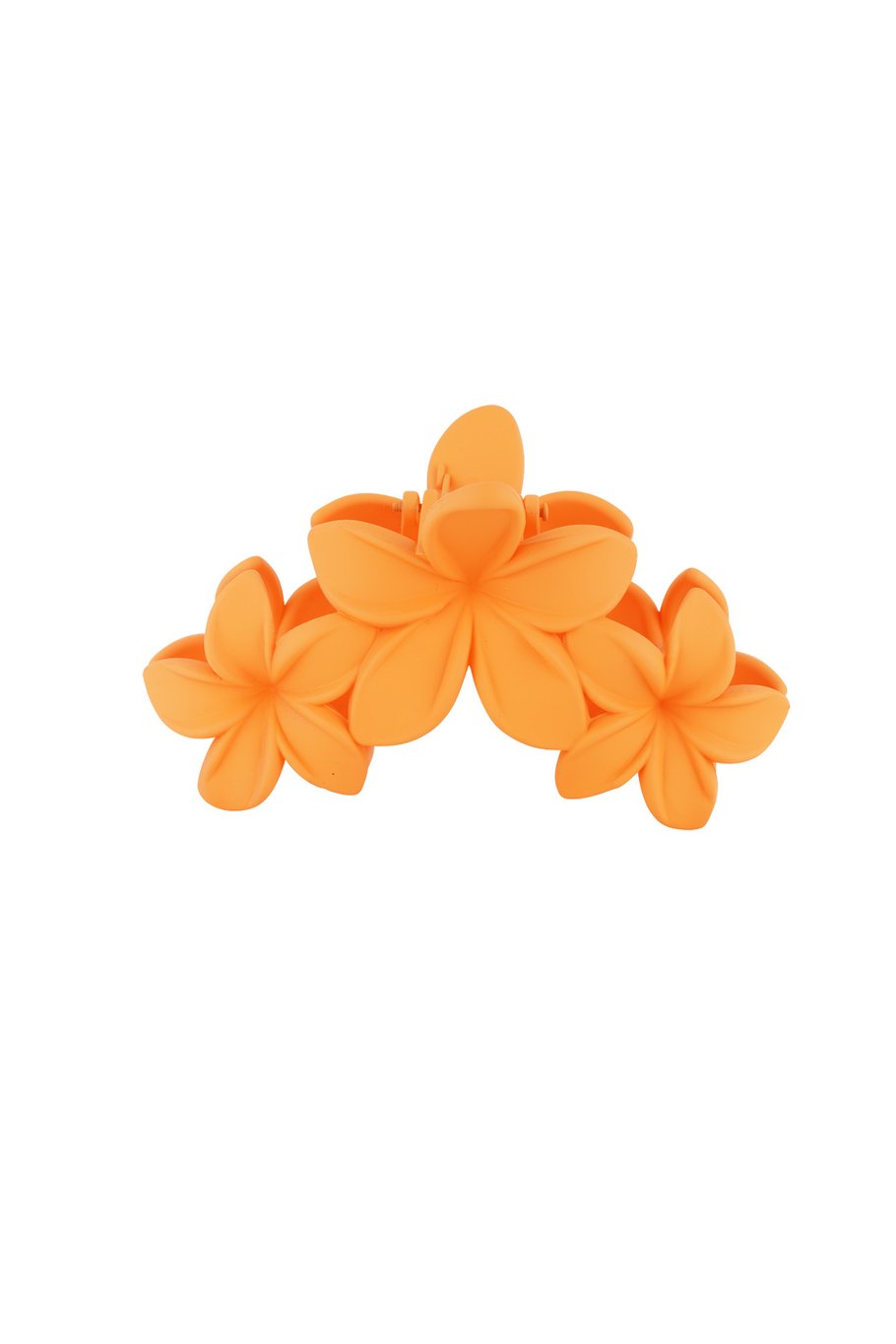 Opvallende oranje haarclip met grote bloemen, perfect voor een vrolijke en zomerse uitstraling.