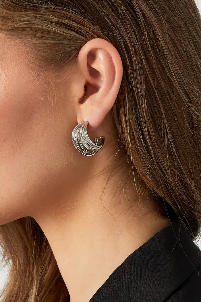 Oorbellen 'Bound Me Love' in goud en zilver, met een verfijnd ontwerp van twee hartjes.