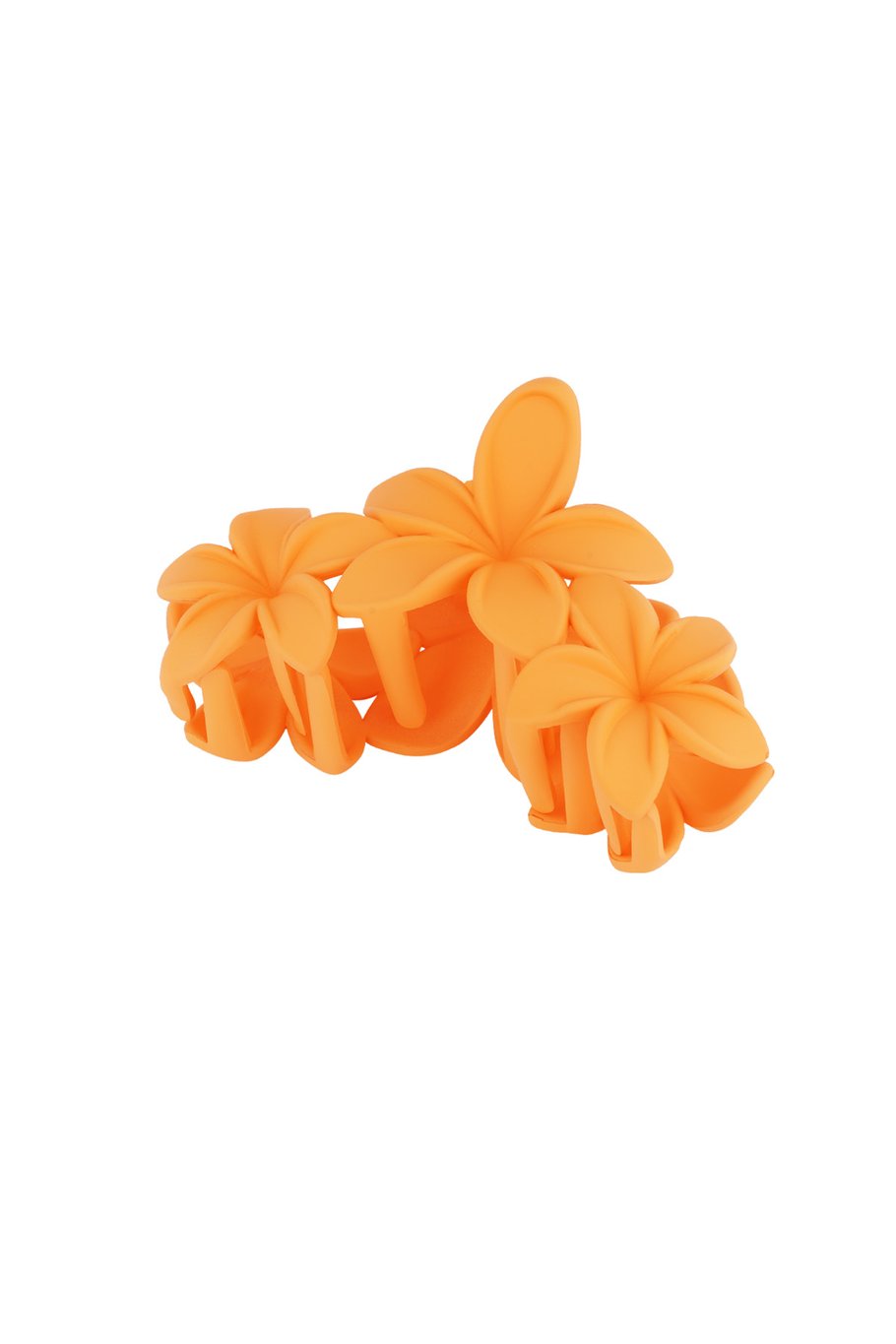 Opvallende oranje haarclip met grote bloemen, perfect voor een vrolijke en zomerse uitstraling.