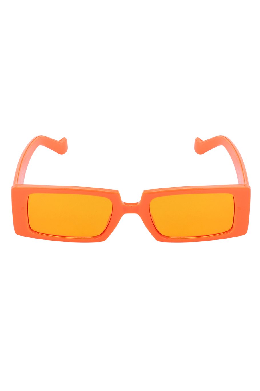 Moderne oranje zonnebril met rechthoekig frame, een opvallend en stijlvol accessoire voor de zomer.