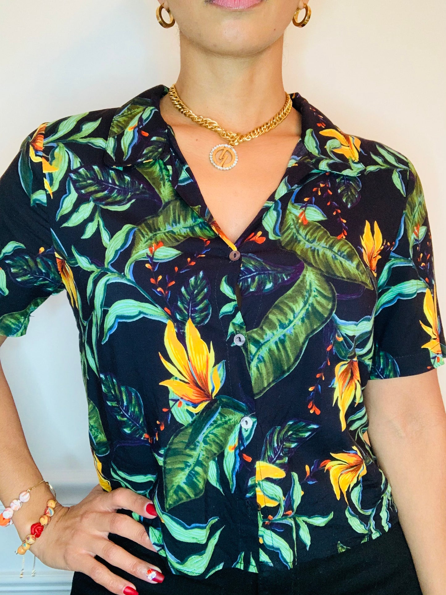 Tropical button crop top